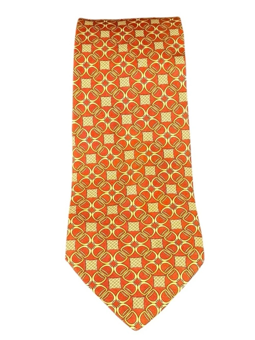 Paolo Gucci Vintage Silk Tie Rust Gold Ring Link Geometric Italy Crest Lining